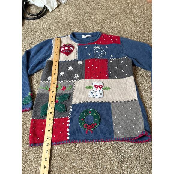 Cherokee Christmas Sweater Patchwork Style Sz M Womans Embellished Cotton blend - Picture 3 of 7